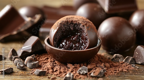 Dark chocolate truffle with a fine cocoa dusting, creamy and smooth chocolate center