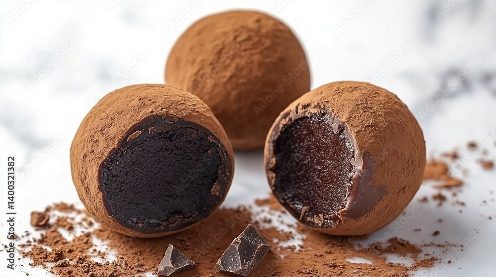 Dark chocolate truffle with a fine cocoa dusting, creamy and smooth chocolate center