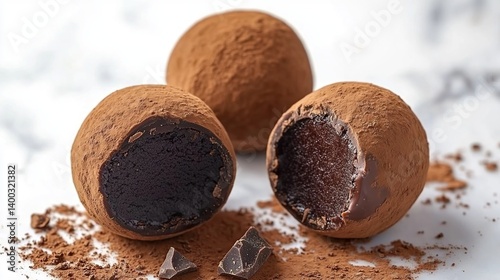 Obraz na płótnie Dark chocolate truffle with a fine cocoa dusting, creamy and smooth chocolate center w salonie