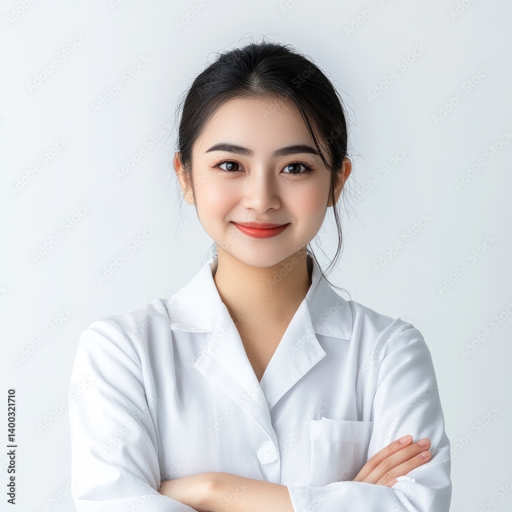 Friendly professional woman in white lab coat Friendly professional woman in white lab coat