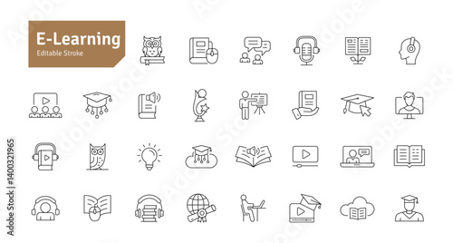 E-learning Line Icons Set. Education, Teaching, Online Study, Audiobook, Podcast, Video Course, Seminar, Library, Graduation Icons Editable Stroke Vector Illustration