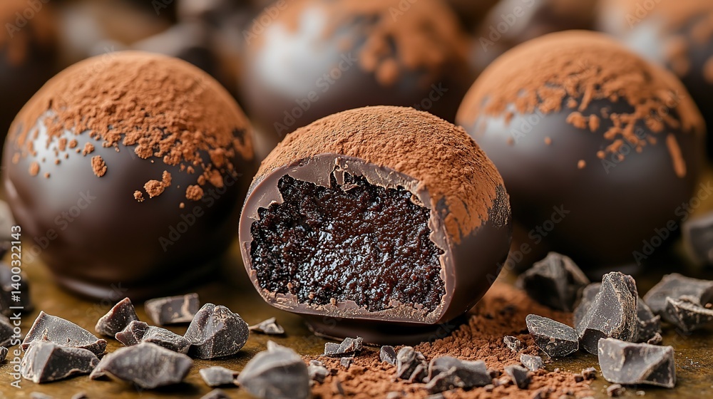 Dark chocolate truffle with a fine cocoa dusting, creamy and smooth chocolate center