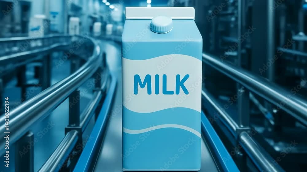 A close-up of a blue milk carton moving along a conveyor belt in a modern dairy factory. 4k Video footage.