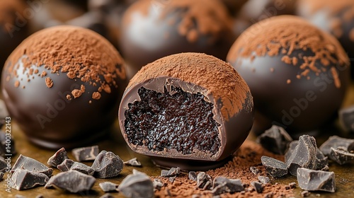 Obraz na płótnie Dark chocolate truffle with a fine cocoa dusting, creamy and smooth chocolate center w salonie