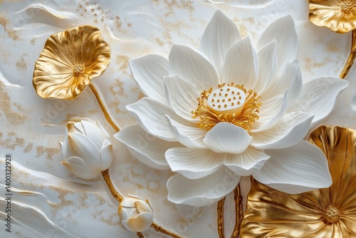 Fototapeta Naklejka Na Ścianę i Meble -  Delicate white lotus flower with golden leaves