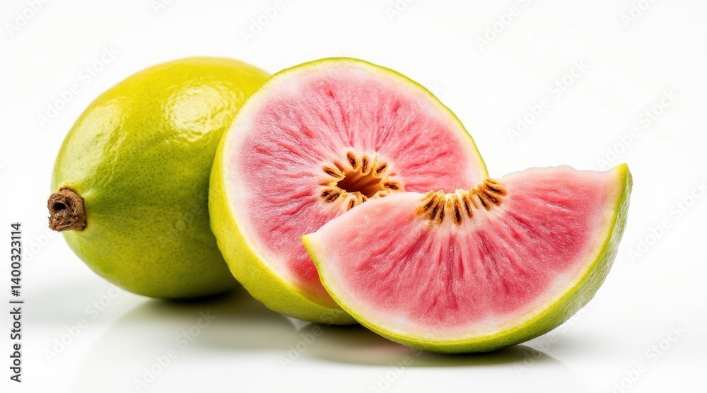A vibrant, fresh green fruit is shown whole and sliced, revealing its pink, juicy interior, suggesting sweetness and health benefits. A vibrant, fresh green fruit is shown whole and sliced, revealing its pink, juicy interior, suggesting sweetness and health benefits.