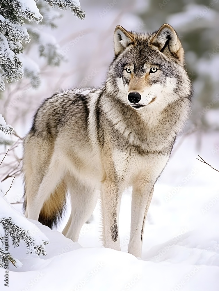 Naklejka premium Gray Wolf in Snowy Wilderness: Majestic Canine Predator Amidst Wintery Boreal Forest