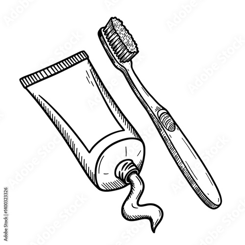 toothbrush and toothpaste ink sketch, dentistry line art
