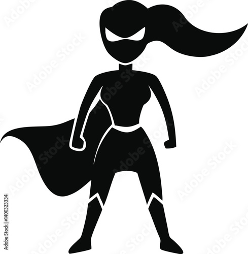 Vector Black Silhouette of Female Superhero with Cape and Mask – Isolated on Transparent Background