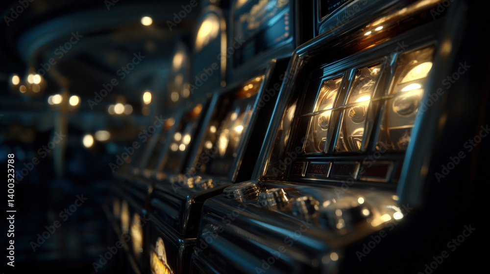 Obraz premium A close-up shot of glowing slot machines under moody indigo and golden light, coins frozen in mid-spin, subtle lens blur around edges