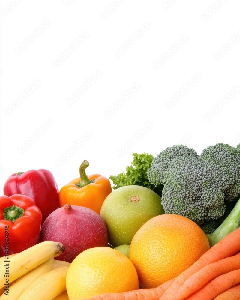 Vibrant Still Life of Fresh Fruits and Vegetables on White Backdrop for Healthy Eating Concept