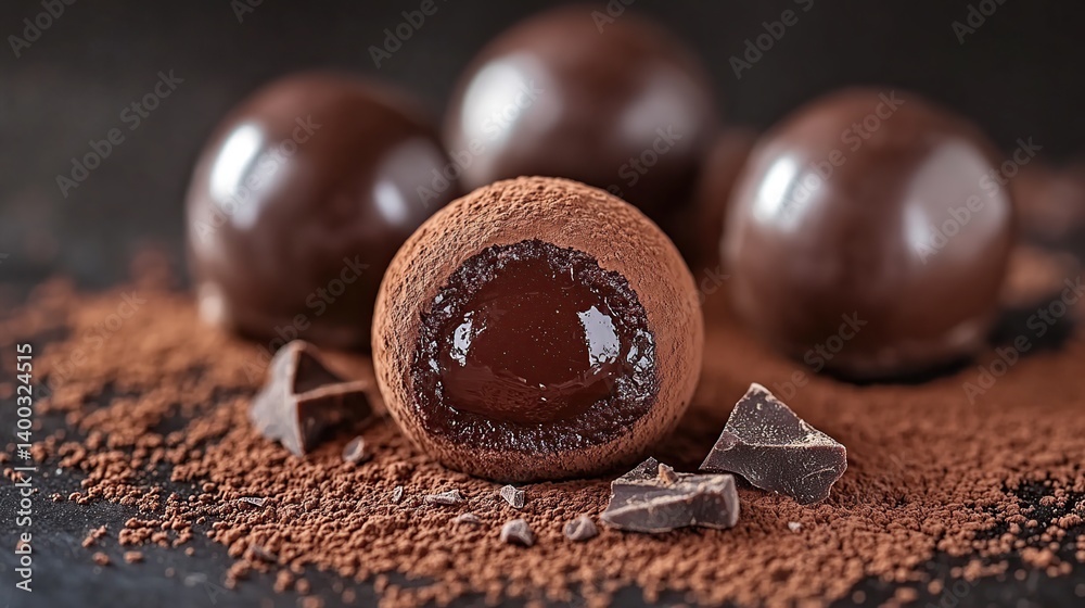 Dark chocolate truffle with a fine cocoa dusting, creamy and smooth chocolate center