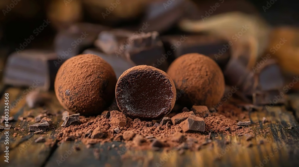 Dark chocolate truffle with a fine cocoa dusting, creamy and smooth chocolate center