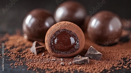 Obraz na płótnie Dark chocolate truffle with a fine cocoa dusting, creamy and smooth chocolate center w salonie