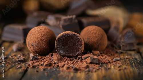 Obraz na płótnie Dark chocolate truffle with a fine cocoa dusting, creamy and smooth chocolate center w salonie
