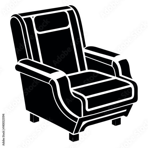 black and white illustration of a modern recliner chair.