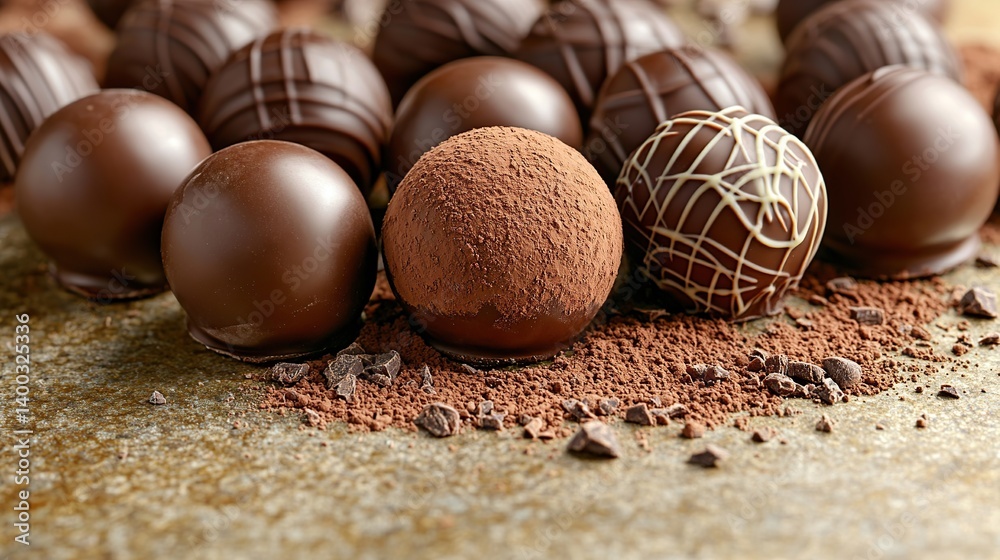 Dark chocolate truffle with a fine cocoa dusting, creamy and smooth chocolate center