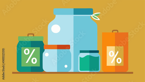 Reusable Containers An illustration of various glass jars and metal containers with price tags hanging from them highlighting the discounts and their environmentally friendly