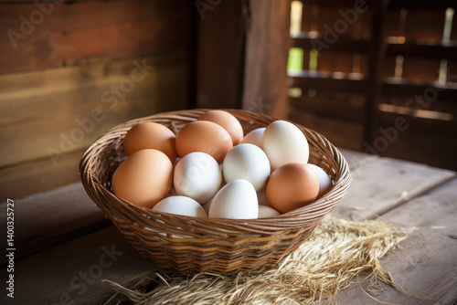 Obraz na płótnie Farm Fresh Eggs in a Rustic Basket w salonie