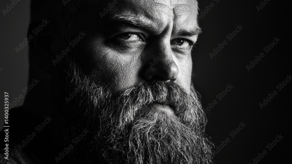 Striking black and white portrait of a man with a thick beard under studio lighting Striking black and white portrait of a man with a thick beard under studio lighting