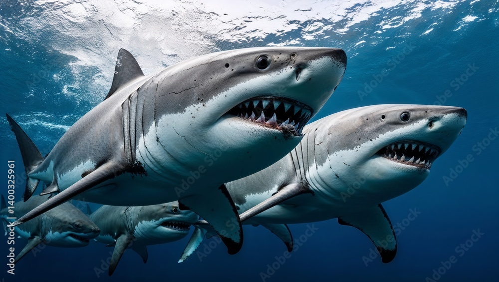 Fototapeta premium Dynamic scene of great white sharks swimming majestically in ocean.