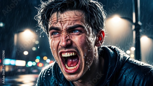 A drenched man screams passionately in the rain at night.
