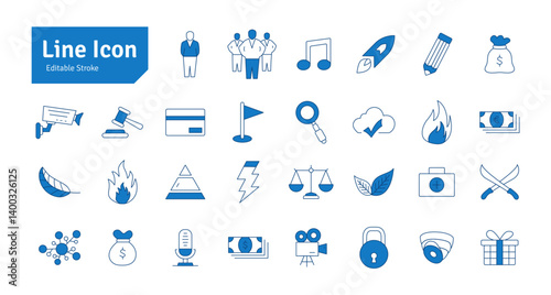 Teamwork, Manager, Gift, Justice, Mega Phone, Key, Lock, First Aid, CCTV, Mosque, Rocket, Music, Microphone, Fire, Leaf, Pencil Line Icon Set. Editable Stroke Vector Illustration