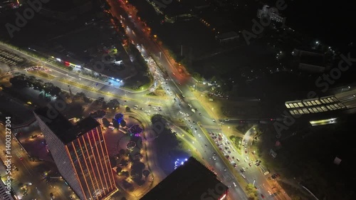 Night china cityscape time lapse. Lot cars cross drive transportation interchange. Road traffic timelapse. Chinese aerial view of fast urban highway. Modern city intersection. Busy auto junction way.
