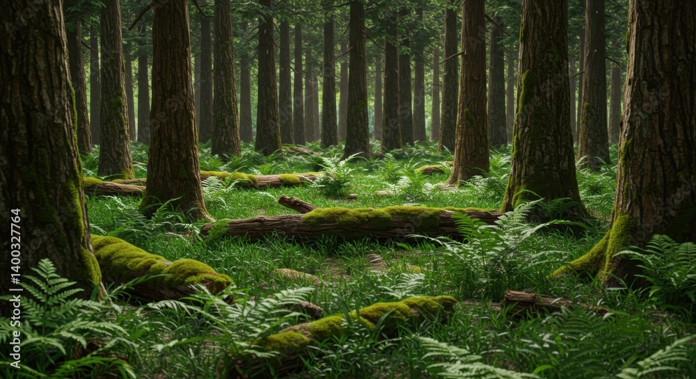 Fototapeta premium Serene Enchantment: Mossy Forest Floor with Tall Trees and Lush Ferns