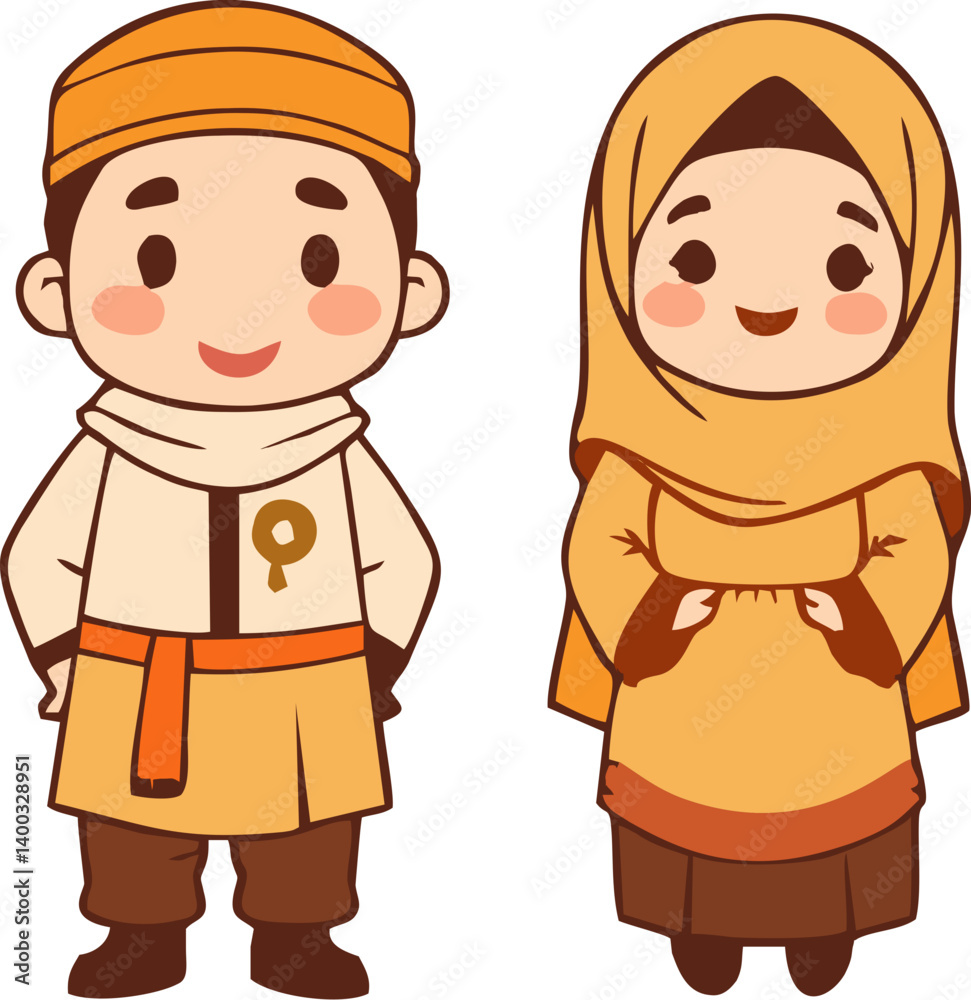 Muslim couple wearing traditional Eid clothing for Eid al-Adha celebration Muslim couple wearing traditional Eid clothing for Eid al-Adha celebration