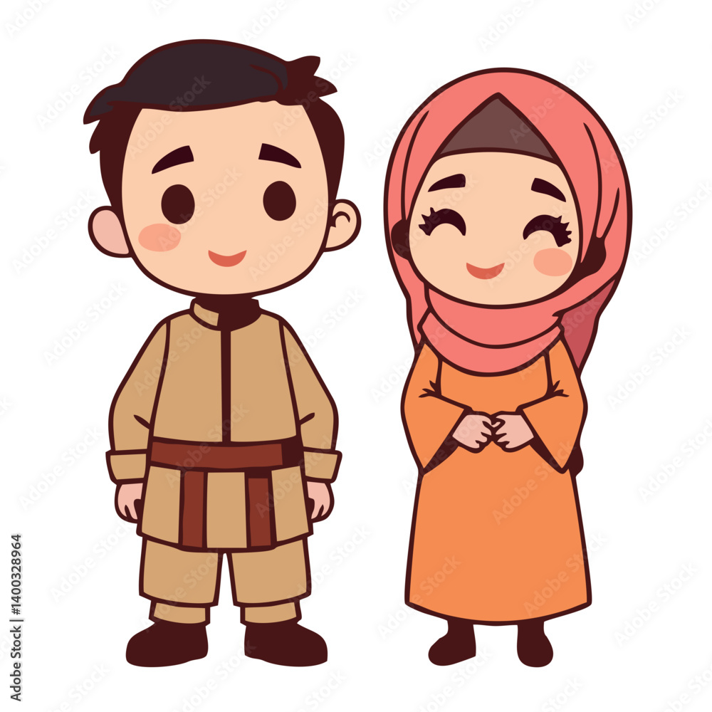 Muslim couple wearing traditional Eid clothing for Eid al-Adha celebration Muslim couple wearing traditional Eid clothing for Eid al-Adha celebration