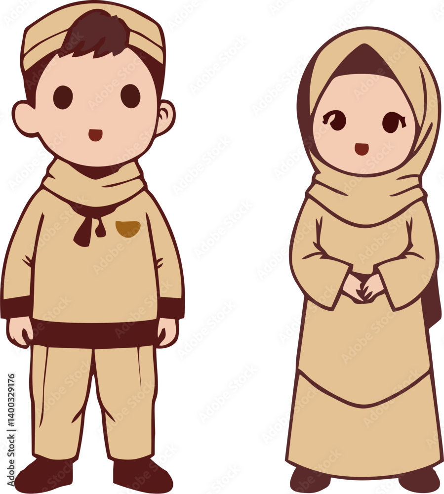 Muslim couple wearing traditional Eid clothing for Eid al-Adha celebration Muslim couple wearing traditional Eid clothing for Eid al-Adha celebration