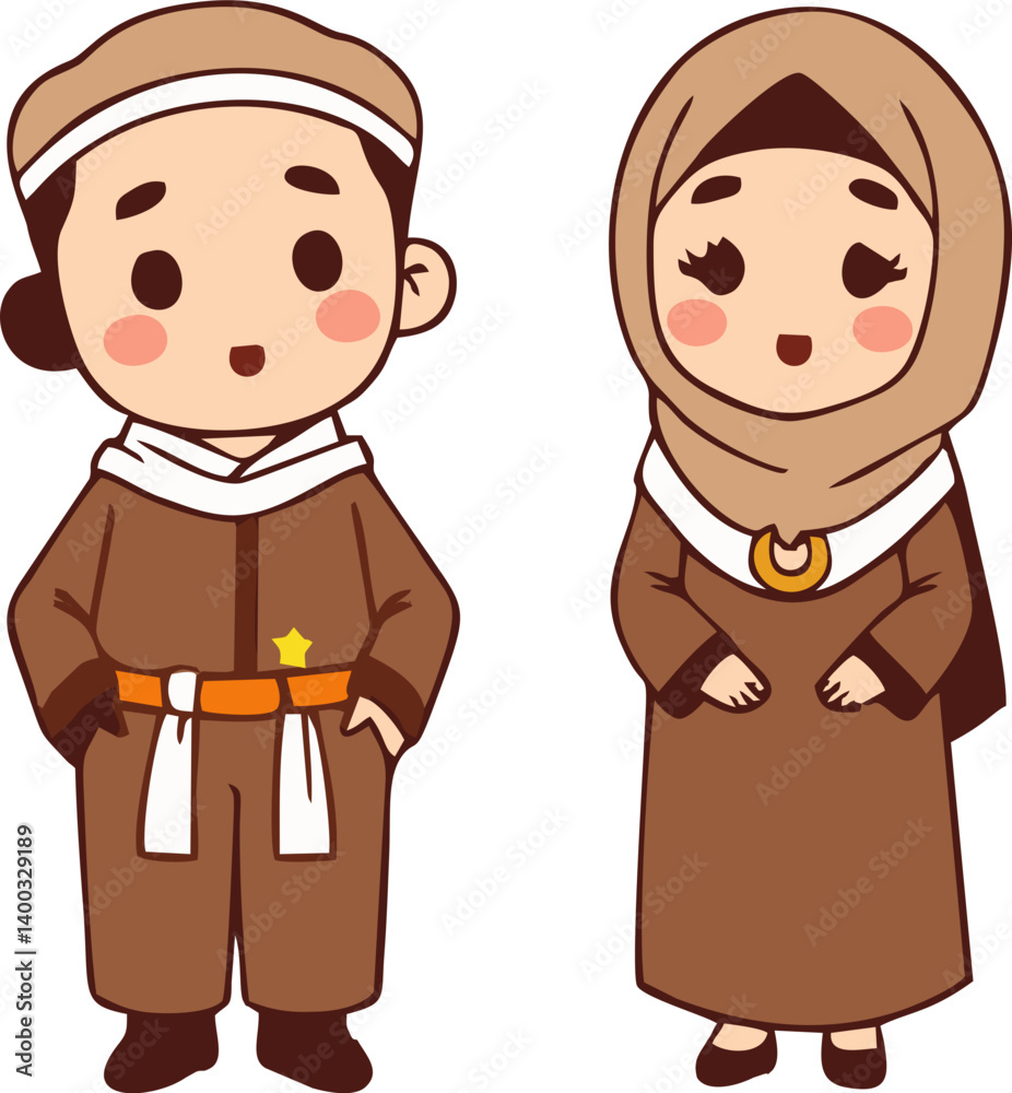 Muslim couple wearing traditional Eid clothing for Eid al-Adha celebration Muslim couple wearing traditional Eid clothing for Eid al-Adha celebration