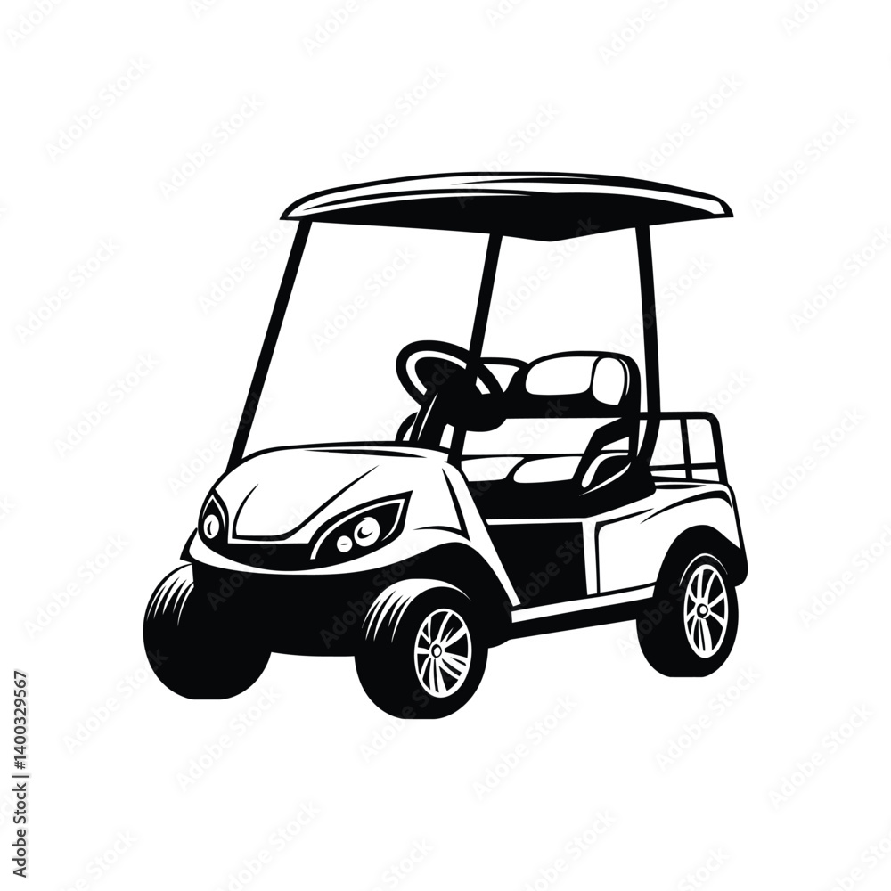 Golf cart icon vector, Black golf car icon vector, golf cart flat vector, A black and white drawing of a golf cart with golf clubs. Golf cart icon vector, Black golf car icon vector, golf cart flat vector, A black and white drawing of a golf cart with golf clubs.