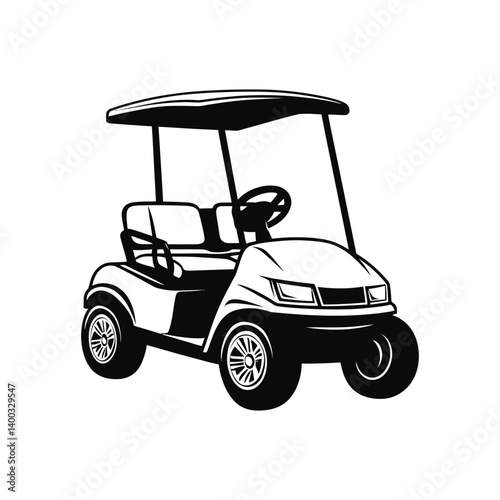 Golf cart icon vector, Black golf car icon vector, golf cart flat vector, A black and white drawing of a golf cart with golf clubs.