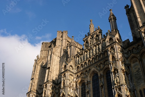 Exterior view of Wells Cathedral Church of England with gothic architecture in City of Wells, Somerset, England UK