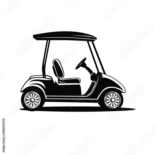 Golf cart icon vector, Black golf car icon vector, golf cart flat vector, A black and white drawing of a golf cart with golf clubs.