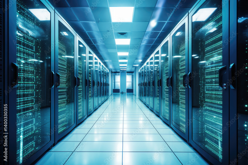 Illuminated Data Center Corridor