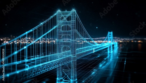 Digital blueprint of a bridge at night.  Detailed 3D rendering of the Golden Gate Bridge's framework, overlaid with a digital grid and glowing lines.  Night city skyline visible in the background
