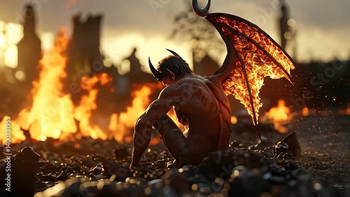 Fallen Angel's Lament: A Digital Painting of a Winged Demon Amidst Infernal Ruins