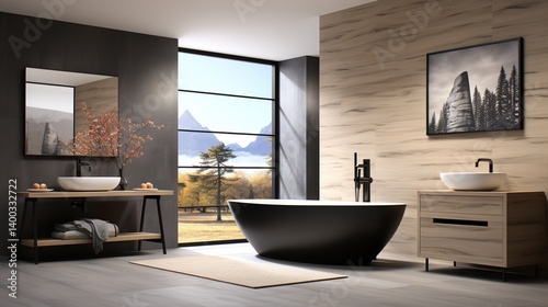 Wallpaper Mural Modern bathroom with black freestanding tub, contrasting wooden accents and blank poster mockup. 3D Rendering   Torontodigital.ca