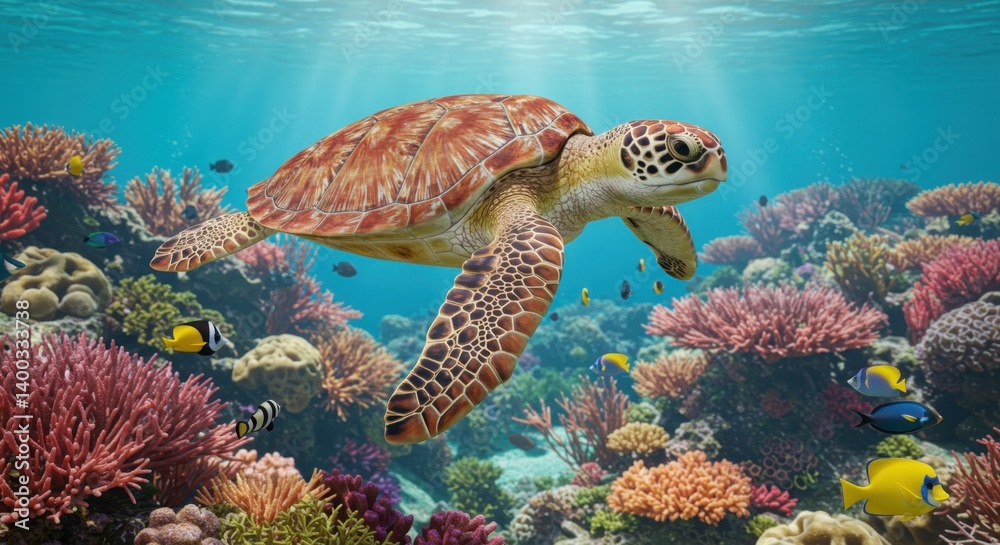 Fototapeta premium Majestic Sea Turtle Gracefully Navigating Vibrant Coral Reef Ecosystem