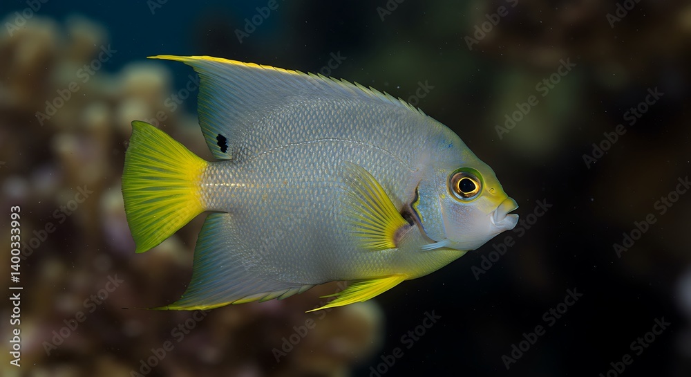 Naklejka premium Serene Underwater World Grey Angelfish Blue And Yellow Ocean Fish Portrait Stunning Angelfish Coral Reef Beauty Underwater Elegance A Fish In Motion Ocean Life Vibrant Angelfish Close Up AI Generated