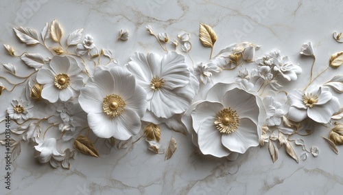 Fototapeta Naklejka Na Ścianę i Meble -  Elegant floral relief design on marble