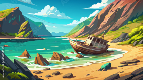 A forgotten steel vessel lies wrecked on the coast