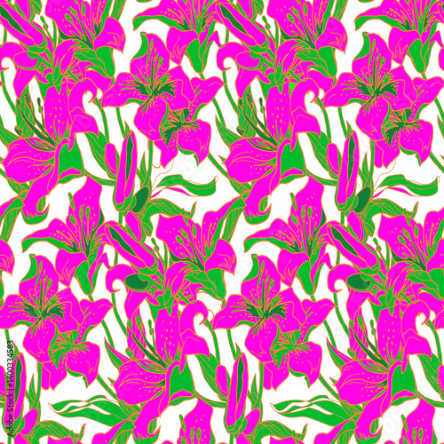 Two toned pink and green seamless pattern with silhouettes of Lily flowers drawn by hand. Home textile, wallpaper, fabric, bedding, package, posters.