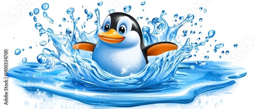 Playful penguin splashing in water arctic scene digital art animated environment vibrant colors photo