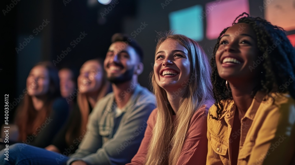 Fototapeta premium Attendees are smiling and engaged during a presentation in a well-lit, contemporary event space, enjoying the networking atmosphere together