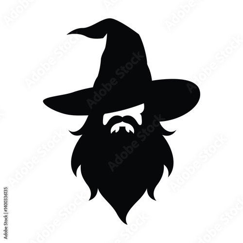 Black silhouette illustration of a wizard with long beard and pointed hat. Ideal for fantasy designs, logos, stickers, game icons, print materials, and digital illustrations.