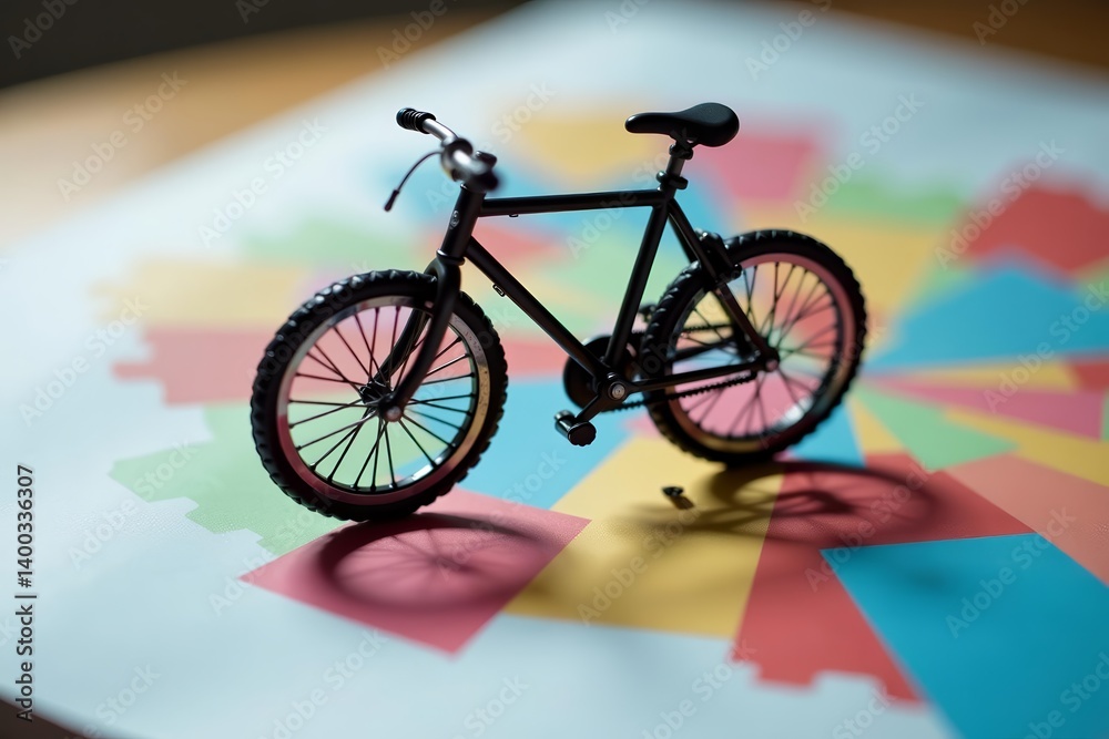 Fototapeta premium Macro shot of small bicycle replica on colorful pages, paper, macro